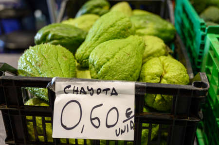 Chayota vegetable peer on local market on Tenerife island, Canary islands, Spain close upの写真素材