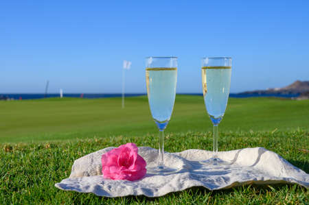 Two glasses with bubbles white champagne or cava wine served with pink flowers on green golf club grass with sea view for romantic event or celebrationの写真素材