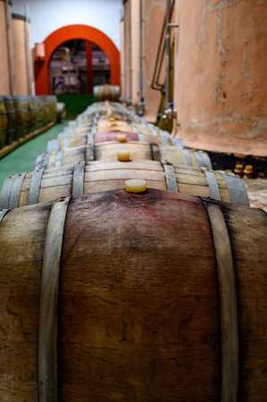 Traditional winery bodega on south of La Palma island with steel or concrete casks and wooden...