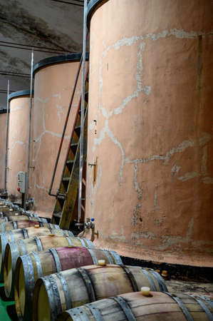 Traditional winery bodega on south of La Palma island with steel or concrete casks and wooden...