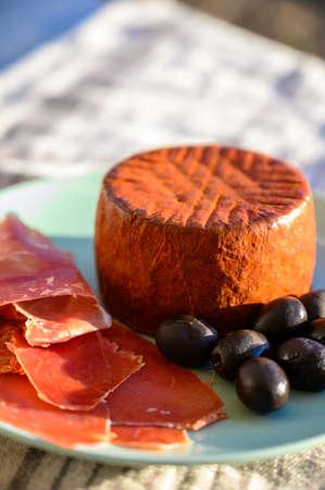 Tastes of Spain, jamon iberian, black olives and manchego cheese with red paprika close up in sun lightsの写真素材