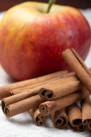 Winter pastry food ingredient, dried aromatic cinnamon sticks and apple on tin plate close upの写真素材