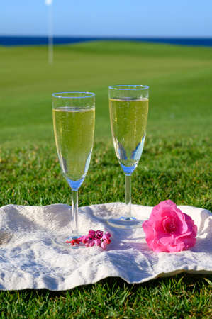 Two glasses with bubbles white champagne or cava wine served with pink flowers on green golf club grass with sea view for romantic event or celebrationの写真素材
