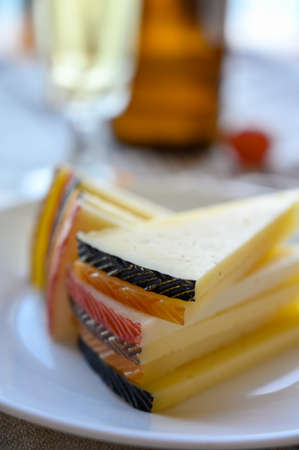 Cheese collection, variety of Spanish manchego cheese made from cow and goat milk close upの写真素材