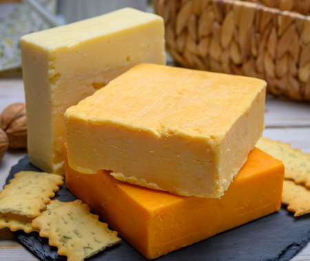 Leicestershire cheese or red leicester and mature cheddar, variety of British hard cheeses made from...