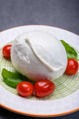Cheese collection, soft white Italian mozzarella di bufala campana with fresh green basil leaves and...