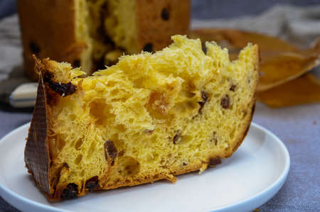 Traditional homemade Italian sweed bread for Christmas panettone with raisins and lemon zest from Milanの写真素材