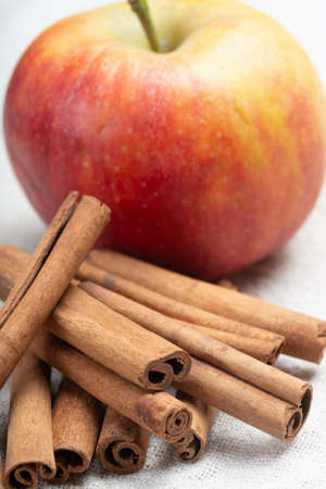 Winter pastry food ingredient, dried aromatic cinnamon sticks and apple on tin plate close up