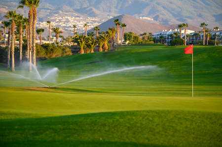Watering of evergreen grass field on large golf course and view on Mount Teide, Tenerife island, Canary, Spain on sunriseの写真素材