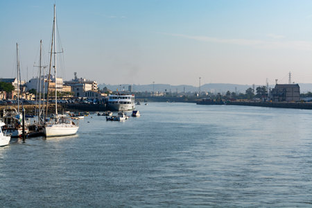 September 2, 2019, El Puerto de Santa Maria, Andalusia, Spain, river harbor with boats in sherry triangle town, travel destinationのeditorial素材