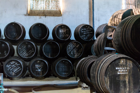 September 3, 2019, El Puerto de Santa Maria, Andalusia, Spain, old bodega with dark wooden barrels...
