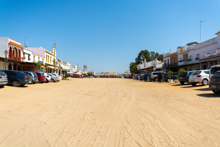 September 9, 2019, El Rocio, Andalusia, Spain. Small old town in Donana national park with sandy roads and squares, horse riding and white churchのeditorial素材