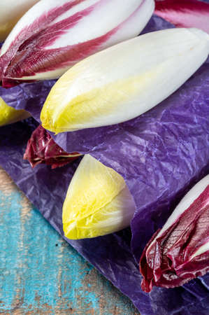 Fresh organic Belgian endivi or green and red chicory lettuce close up in violet protective paperの写真素材