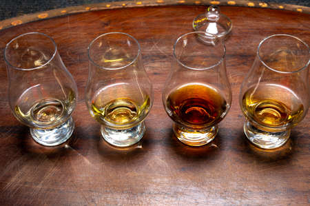 Tasting of flight of Scotch whisky from special tulip-shaped glasses on distillery in Scotland, UK close upの写真素材