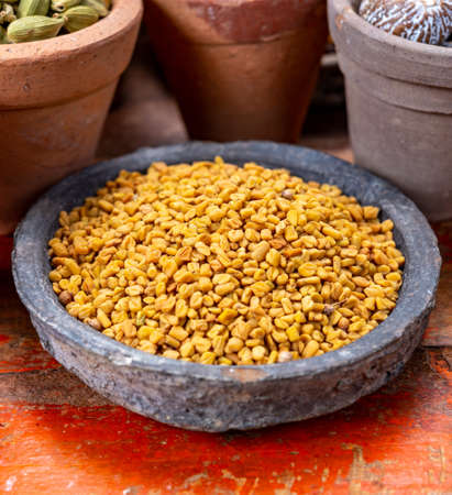Indian spices collection, dried aromatic fenugreek seeds and another spices in clay bowls close upの写真素材