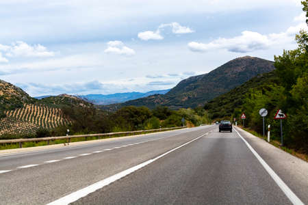 Andalusian landscape with yellow hills and green olive trees plantations, Spainの写真素材