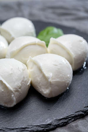 Tasty italian food, fresh white buffalo mozzarella soft cheese balls from Campania close up