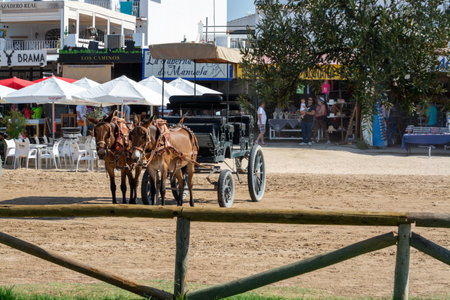 September 9, 2019, El Rocio, Andalusia, Spain. Small old town in Donana national park with sandy roads and squares, horse riding and white churchのeditorial素材