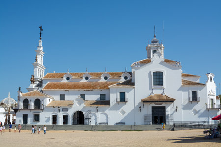 September 9, 2019, El Rocio, Andalusia, Spain. Small old town in Donana national park with sandy roads and squares, horse riding and white churchのeditorial素材