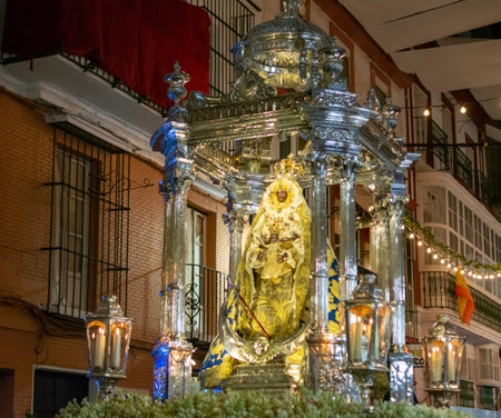 September 8, 2019, El Puerto de Santa Maria, Andalusia, Spain. Procession Nuestra Senora de los Milagros at night.のeditorial素材