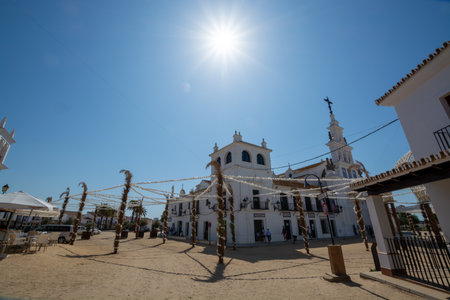 September 9, 2019, El Rocio, Andalusia, Spain. Small old town in Donana national park with sandy roads and squares, horse riding and white churchのeditorial素材