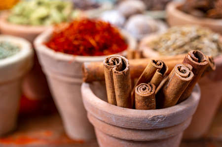 Indian spices collection, dried aromatic cinnamon barks and another spices in clay bowls close upの写真素材