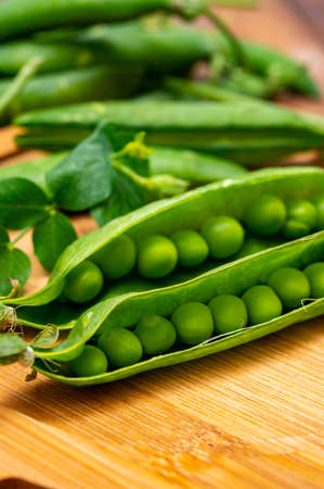 New harvest of fresh ripe green peas legumesの写真素材