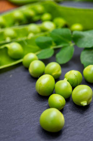 New harvest of fresh ripe green peas legumesの写真素材