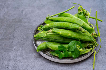 New harvest of fresh ripe green peas legumesの写真素材