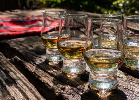 Tasting of different whiskies on outdoor terrace, dram of whiskey and red tartan close upの写真素材