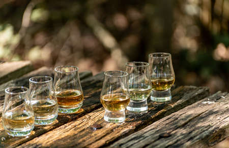 Tasting of different Scotch whiskies on outdoor terrace, dram of whiskey close upの写真素材