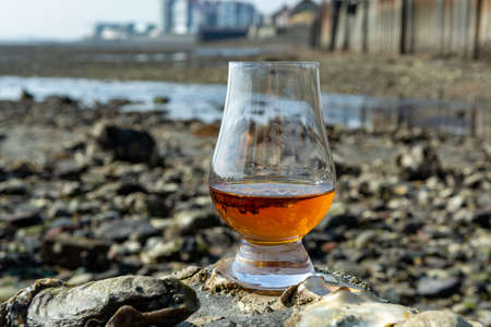 Tasting glass of Scotch whisky and sea shore background during low tide, smoky whisky pairing with...