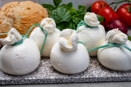 Cheese collection, fresh soft handmade Italian cheese from Puglia, white balls of burrata or...