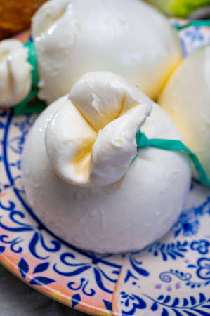 Cheese collection, fresh soft handmade Italian cheese from Puglia, white balls of burrata or...