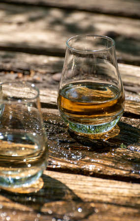 Tasting of different Scotch whiskies on outdoor terrace, dram of whiskey close upの写真素材