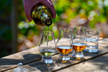 Tasting of scotch single malt whisky from Islay island, most intensely flavoured of all whiskies in Scotland on old garden table in sunny dayの写真素材