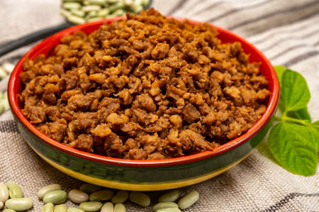 Source of fibre plant based vegan soya protein minced meat, meat free healthy food close up