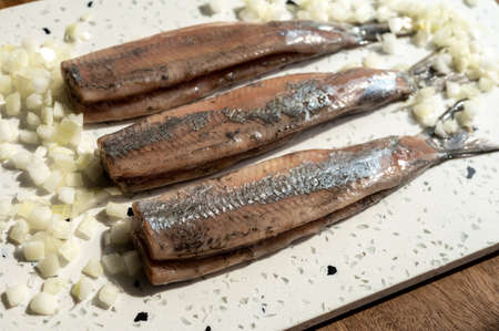 New season of  Dutch herring fresh salted fish ready to eat, traditional food in Netherlandsの写真素材