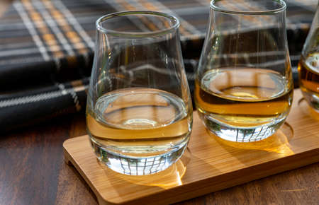 Tasting of different Scotch whisky drinks in traditional old British houseの写真素材