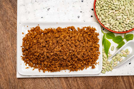Source of fiber plant based vegan soya protein minced meat, meat free healthy food close upの写真素材