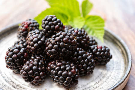 Ripe healthy antioxidant black currant or bramble berries close up