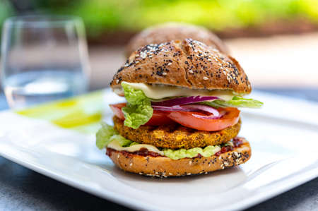 Fresh tasty meat free vegetarian burger made from organic ingredients close upの写真素材