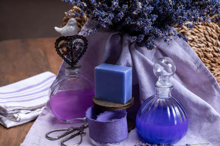 Handmade organic skincare products made from purple aromatic lavender flowers in Provence, France close upの写真素材