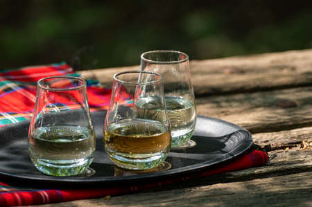 Tasting of different Scotch whiskeys on outdoor terrace, dram of whiskey and red tartan close up