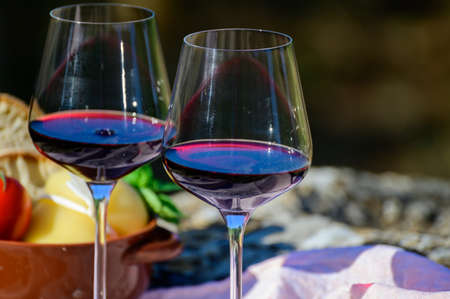 Summer picnic or outdoor lunch with tasting of red wine on vineyards in Lazio, Italy
