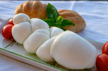 Fresh soft white italian cheese braid mozzarella buffalo made from Italian buffalo's milk by pasta filata method in Amaseno, Lazio, Italyの写真素材
