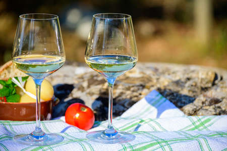 Summer picnic or outdoor lunch with tasting of white wine on green vineyards in Lazio, Italyの写真素材