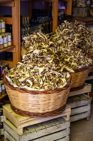 New harvested dried tasty white porcini boletus mushrooms in shop, Nemi, Castelli Romani, Italyの写真素材