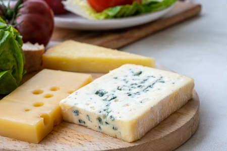 Cheese collection, French fol epi cheese with many little holes, etorki, tomme noire des pyrenees...
