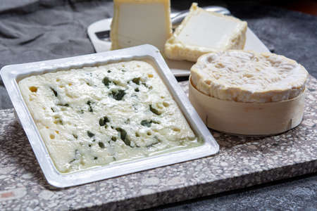 Cheese collection, French cheeses made from goat, cow and sheep milk: semi hard Roquefort blue...